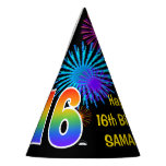 [ Thumbnail: Fun Fireworks + Rainbow Pattern "16" Birthday # Party Hat ]