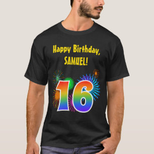 Fun Fireworks + Rainbow Pattern "16" Birthday # T-Shirt
