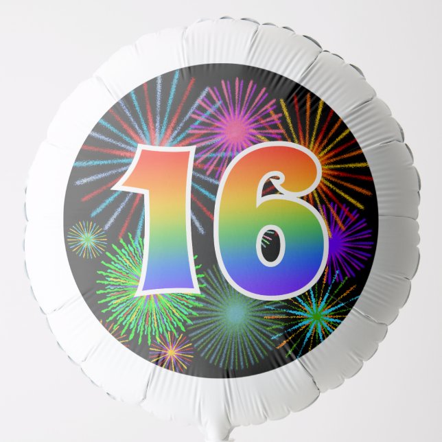 Fun Fireworks + Rainbow Pattern "16" Event # Balloon (Front)