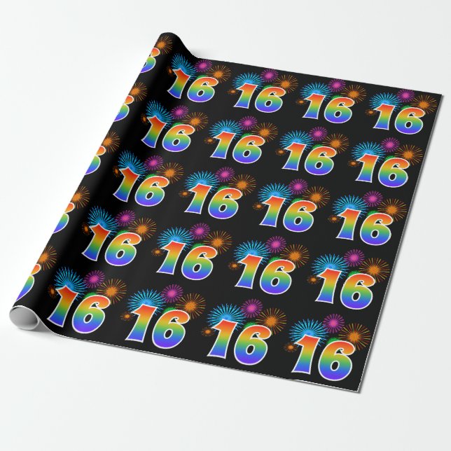Fun Fireworks + Rainbow Pattern "16" Event Number Wrapping Paper (Unrolled)