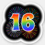 [ Thumbnail: Fun Fireworks + Rainbow Pattern "16" Event # Sticker ]