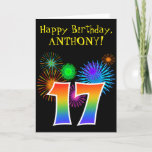 [ Thumbnail: Fun Fireworks + Rainbow Pattern "17" Birthday # Card ]