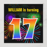 [ Thumbnail: Fun Fireworks + Rainbow Pattern "17" Birthday # Invitation ]