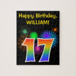 [ Thumbnail: Fun Fireworks + Rainbow Pattern "17" Birthday # Jigsaw Puzzle ]