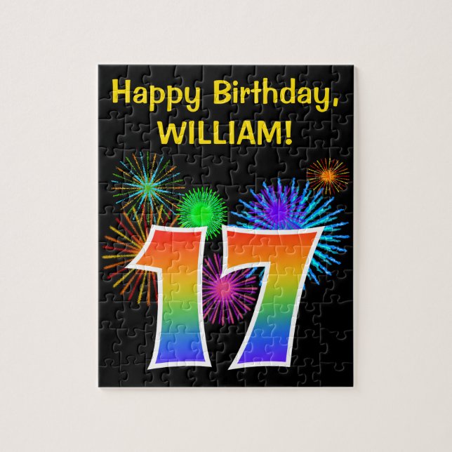 Fun Fireworks + Rainbow Pattern "17" Birthday # Jigsaw Puzzle (Vertical)