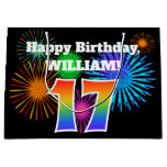 [ Thumbnail: Fun Fireworks + Rainbow Pattern "17" Birthday # Gift Bag ]