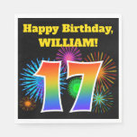 [ Thumbnail: Fun Fireworks + Rainbow Pattern "17" Birthday # Napkins ]