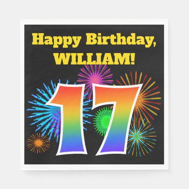 Fun Fireworks + Rainbow Pattern "17" Birthday # Napkins (Front)