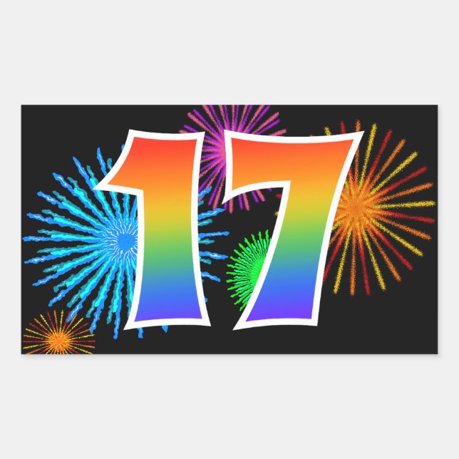 Fun Fireworks + Rainbow Pattern "17" Event Number Rectangular Sticker (Front)
