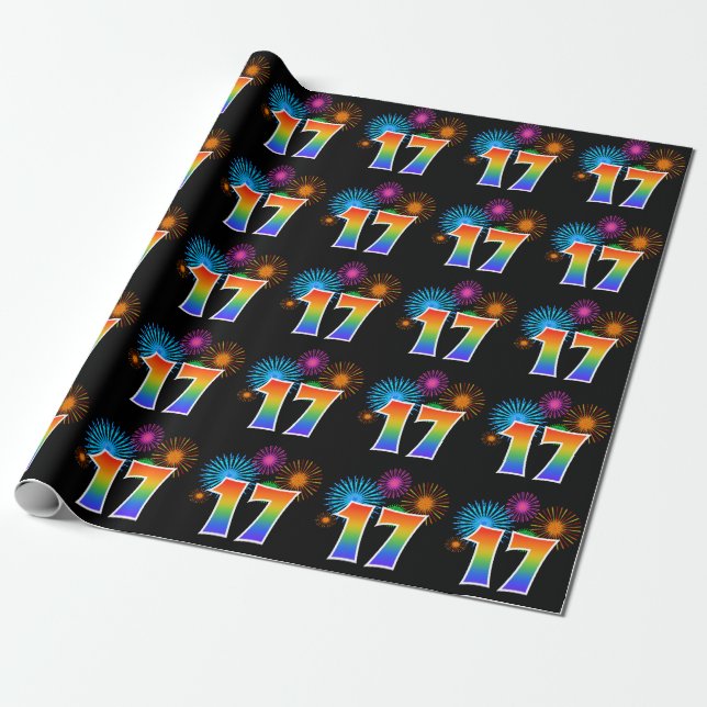 Fun Fireworks + Rainbow Pattern "17" Event Number Wrapping Paper (Unrolled)