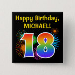 [ Thumbnail: Fun Fireworks + Rainbow Pattern "18" Birthday # Button ]