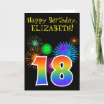 [ Thumbnail: Fun Fireworks + Rainbow Pattern "18" Birthday # Card ]
