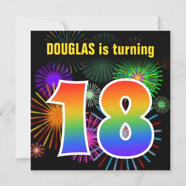 Fun Fireworks + Rainbow Pattern "18" Birthday # Invitation (Front)