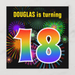 [ Thumbnail: Fun Fireworks + Rainbow Pattern "18" Birthday # Invitation ]