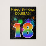 [ Thumbnail: Fun Fireworks + Rainbow Pattern "18" Birthday # Jigsaw Puzzle ]
