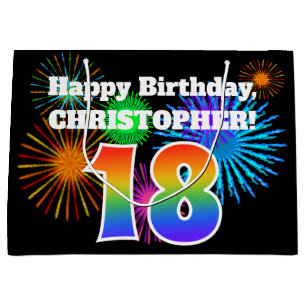 Fun Fireworks + Rainbow Pattern "18" Birthday # Large Gift Bag