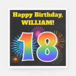 [ Thumbnail: Fun Fireworks + Rainbow Pattern "18" Birthday # Napkins ]