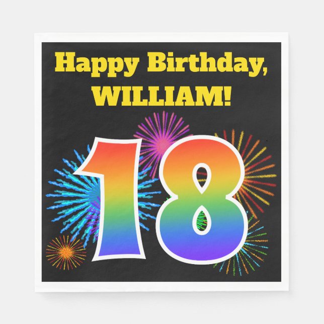 Fun Fireworks + Rainbow Pattern "18" Birthday # Napkins (Front)