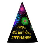 [ Thumbnail: Fun Fireworks + Rainbow Pattern "18" Birthday # Party Hat ]