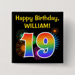 Fun Fireworks + Rainbow Pattern "19" Birthday # Button