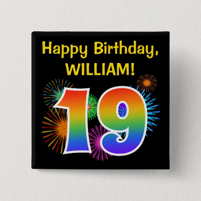 Fun Fireworks + Rainbow Pattern "19" Birthday # Button (Front)