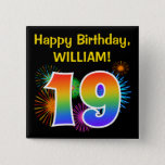 [ Thumbnail: Fun Fireworks + Rainbow Pattern "19" Birthday # Button ]