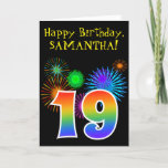 [ Thumbnail: Fun Fireworks + Rainbow Pattern "19" Birthday # Card ]