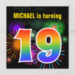 [ Thumbnail: Fun Fireworks + Rainbow Pattern "19" Birthday # Invitation ]