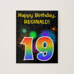[ Thumbnail: Fun Fireworks + Rainbow Pattern "19" Birthday # Jigsaw Puzzle ]