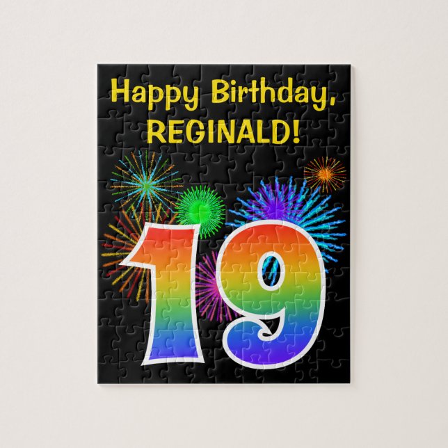 Fun Fireworks + Rainbow Pattern "19" Birthday # Jigsaw Puzzle (Vertical)