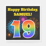 [ Thumbnail: Fun Fireworks + Rainbow Pattern "19" Birthday # Napkins ]