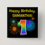 [ Thumbnail: Fun Fireworks + Rainbow Pattern "1" Birthday # Button ]