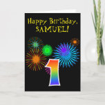 [ Thumbnail: Fun Fireworks + Rainbow Pattern "1" Birthday # Card ]