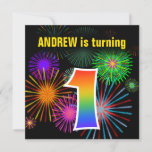 [ Thumbnail: Fun Fireworks + Rainbow Pattern "1" Birthday # Invitation ]