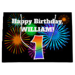 [ Thumbnail: Fun Fireworks + Rainbow Pattern "1" Birthday # Gift Bag ]
