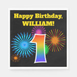[ Thumbnail: Fun Fireworks + Rainbow Pattern "1" Birthday # Napkins ]