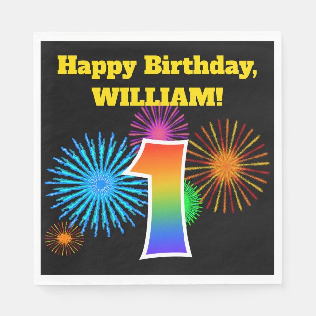 Fun Fireworks + Rainbow Pattern "1" Birthday # Napkins (Front)