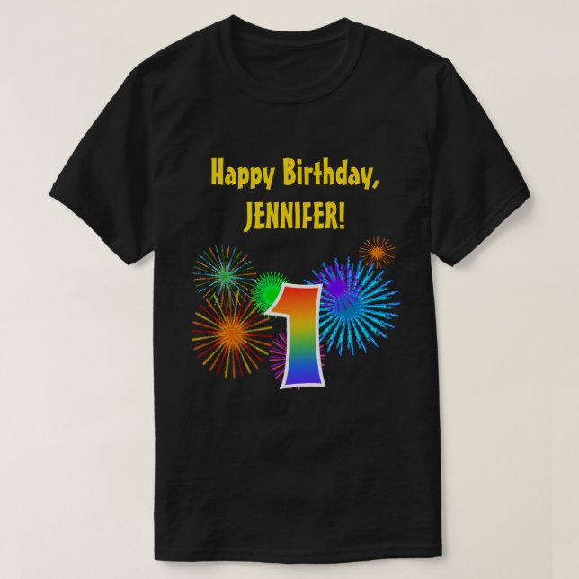 Fun Fireworks + Rainbow Pattern "1" Birthday # T-Shirt (Design Front)