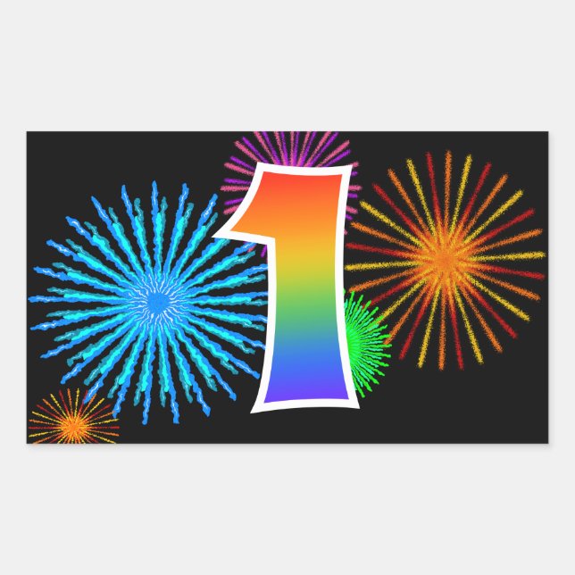 Fun Fireworks + Rainbow Pattern "1" Event Number Rectangular Sticker (Front)