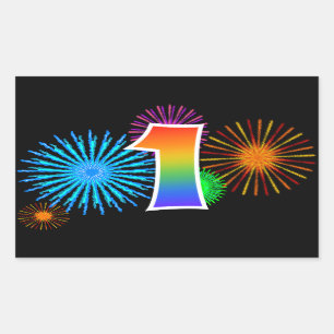 Fun Fireworks + Rainbow Pattern "1" Event Number Rectangular Sticker