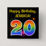 [ Thumbnail: Fun Fireworks + Rainbow Pattern "20" Birthday # Button ]
