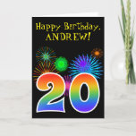 [ Thumbnail: Fun Fireworks + Rainbow Pattern "20" Birthday # Card ]