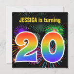 [ Thumbnail: Fun Fireworks + Rainbow Pattern "20" Birthday # Invitation ]
