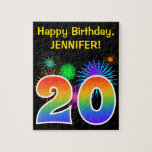 [ Thumbnail: Fun Fireworks + Rainbow Pattern "20" Birthday # Jigsaw Puzzle ]