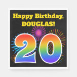 [ Thumbnail: Fun Fireworks + Rainbow Pattern "20" Birthday # Napkins ]