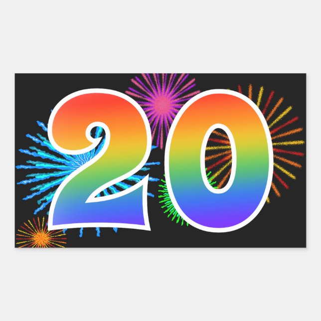 Fun Fireworks + Rainbow Pattern "20" Event Number Rectangular Sticker (Front)