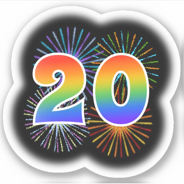 Fun Fireworks + Rainbow Pattern "20" Event # Sticker (Front)