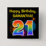 [ Thumbnail: Fun Fireworks + Rainbow Pattern "21" Birthday # Button ]