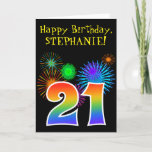 [ Thumbnail: Fun Fireworks + Rainbow Pattern "21" Birthday # Card ]