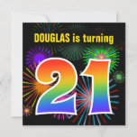 [ Thumbnail: Fun Fireworks + Rainbow Pattern "21" Birthday # Invitation ]